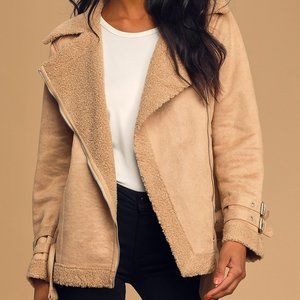 Lulu's Tan Faux Suede Shearling Moto Jacket